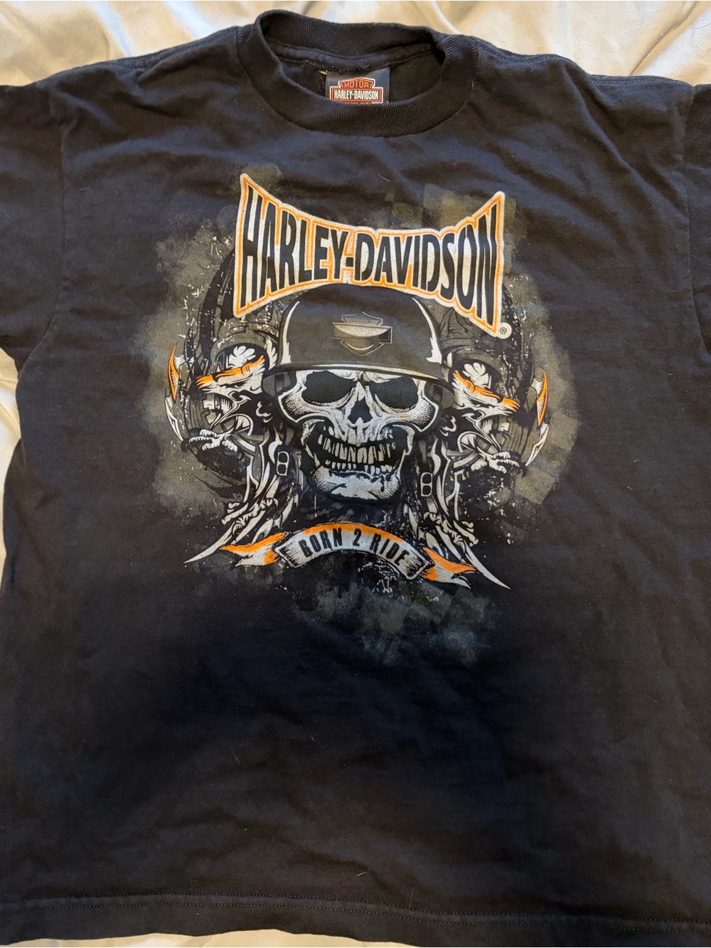Harley-Davidson Black T-Shirt with Orange and White Skull Graphic
